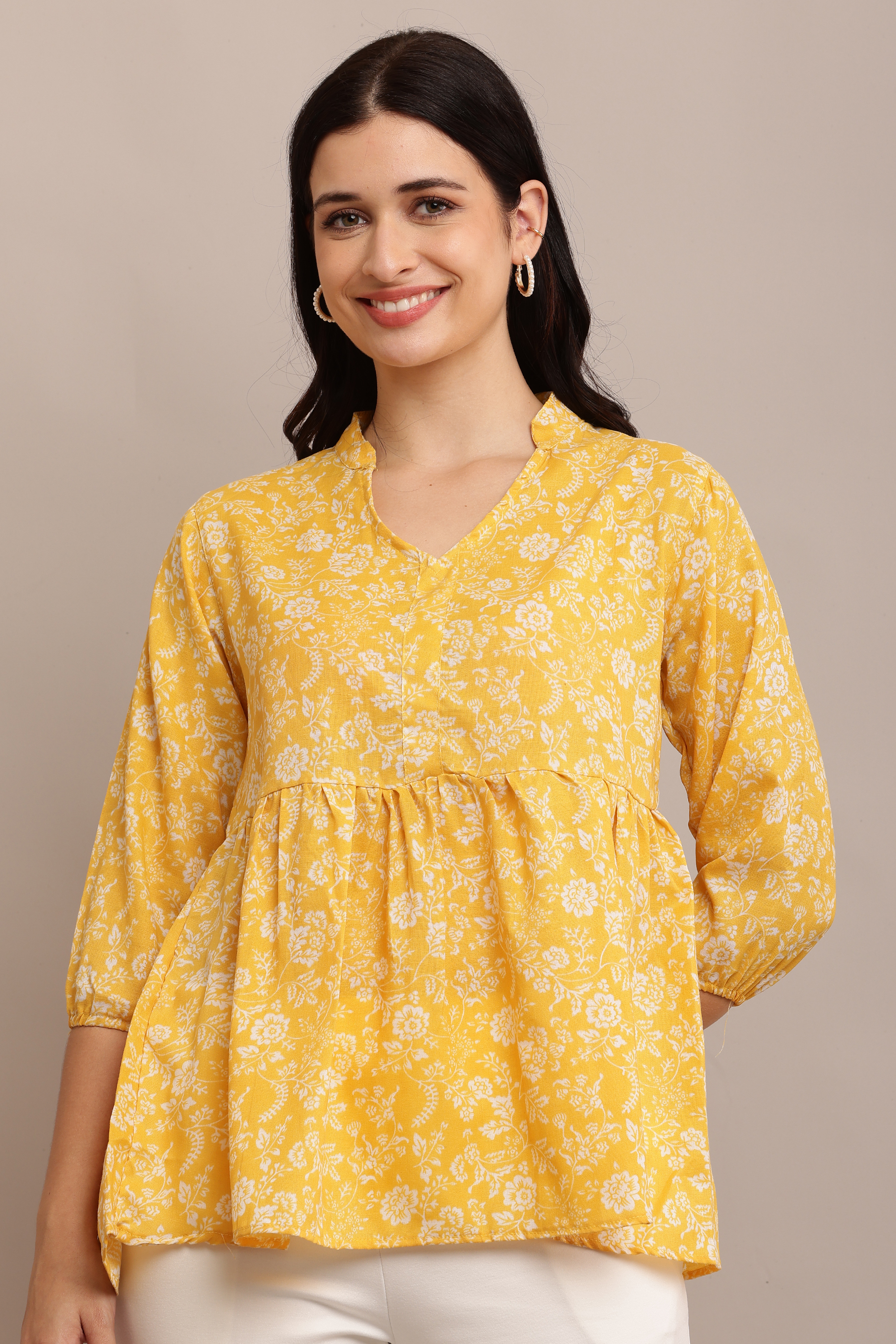 Yellow Cotton Floral Print Top 