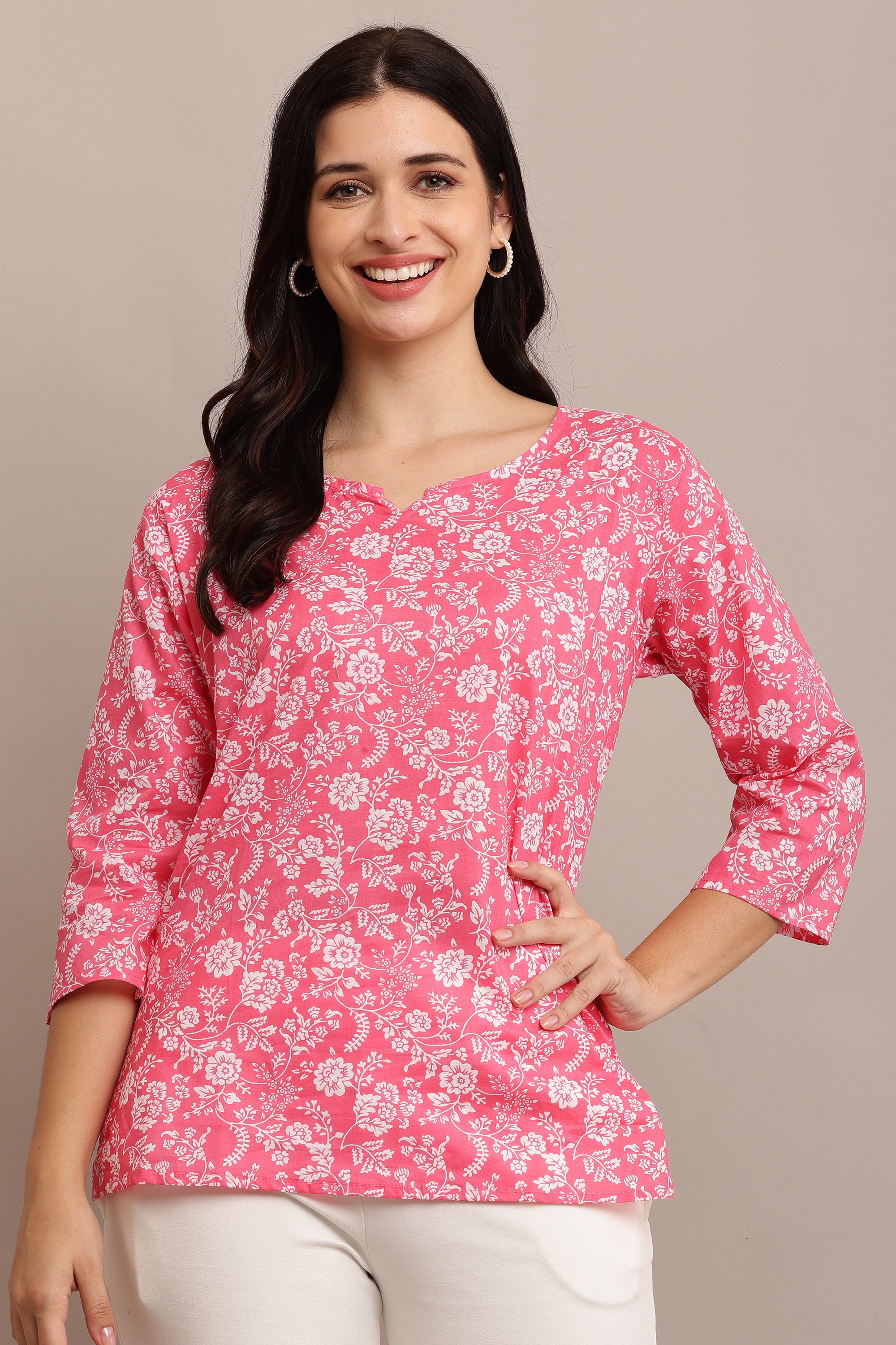 Floral Print Women Pink Short Kurti